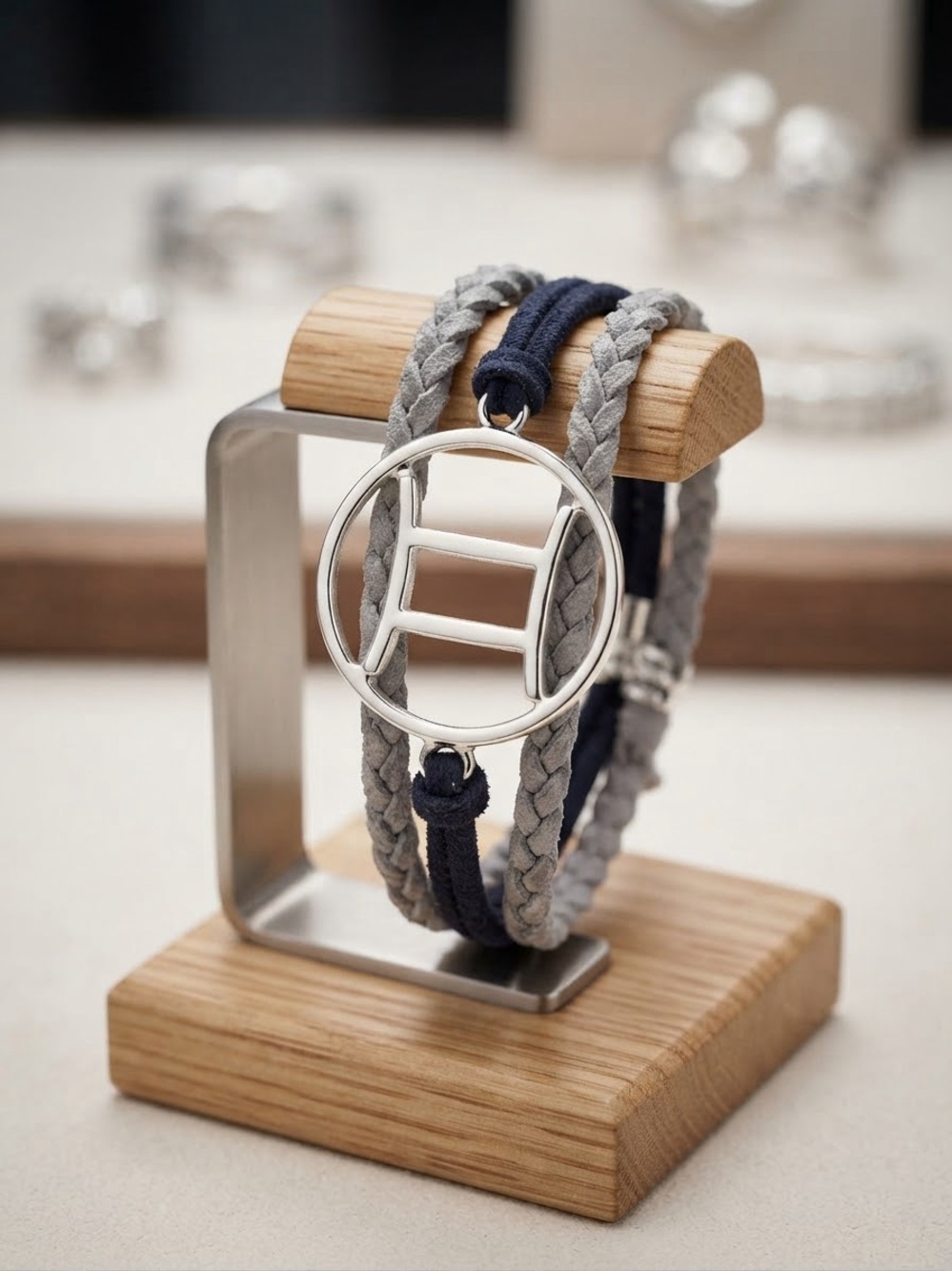 Men’s Braided Grey & Navy Bracelet with Silver Zodiac Charm